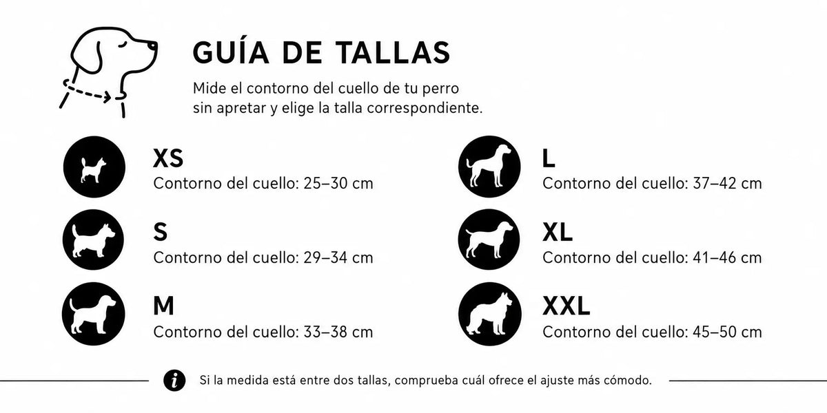 Guía de tallas del collar AMICI según el contorno del cuello: XS 25–30 cm, S 29–34 cm, M 33–38 cm, L 37–42 cm, XL 41–46 cm y XXL 45–50 cm