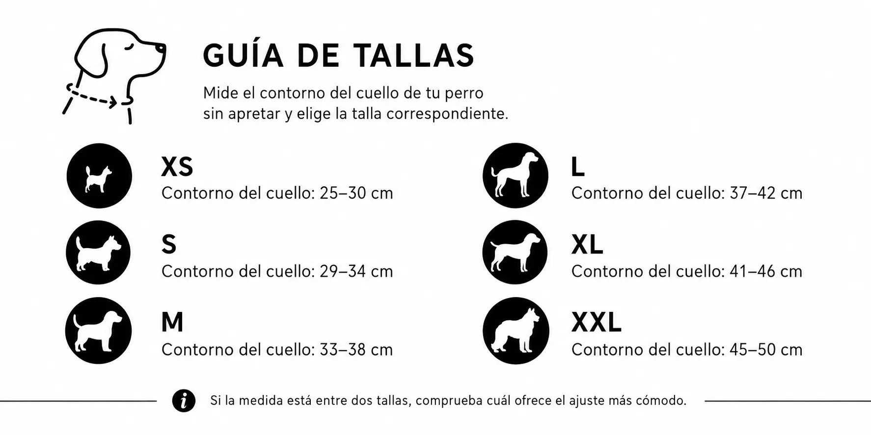 Guía de tallas del collar AMICI según el contorno del cuello: XS 25–30 cm, S 29–34 cm, M 33–38 cm, L 37–42 cm, XL 41–46 cm y XXL 45–50 cm