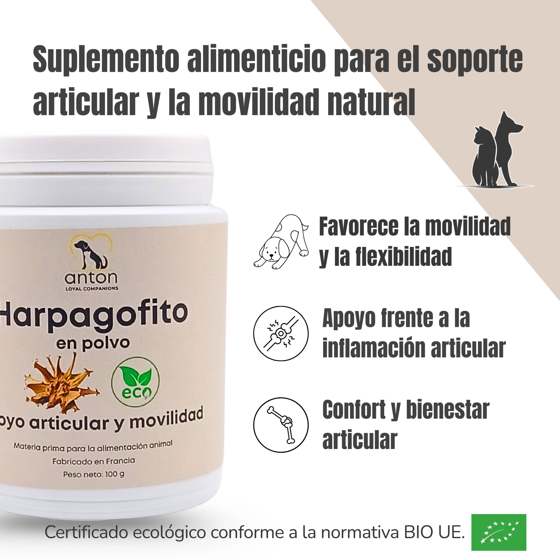 Beneficios del Harpagofito ECO para perros y gatos ANTON Loyal Companions. Suplemento natural para la movilidad, la flexibilidad, el confort articular y la inflamación articular.