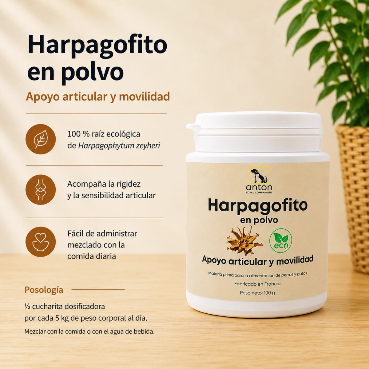 Harpagofito ECO en polvo para perros y gatos con raíz ecológica de Harpagophytum zeyheri para apoyar la movilidad, la flexibilidad y el confort articular.