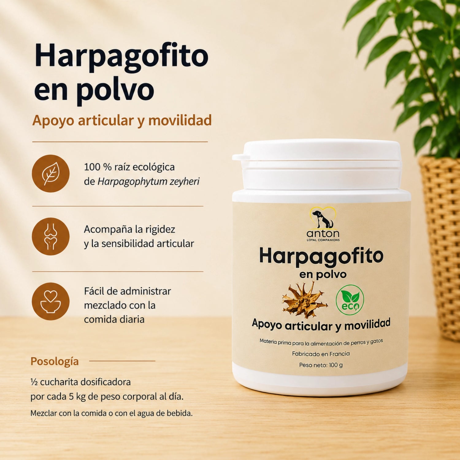 Harpagofito ECO en polvo para perros y gatos con raíz ecológica de Harpagophytum zeyheri para apoyar la movilidad, la flexibilidad y el confort articular.