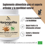 Infografía del Harpagofito ECO ANTON para perros y gatos, con certificación ecológica europea. Presenta sus beneficios para la movilidad, la flexibilidad y el confort articular.