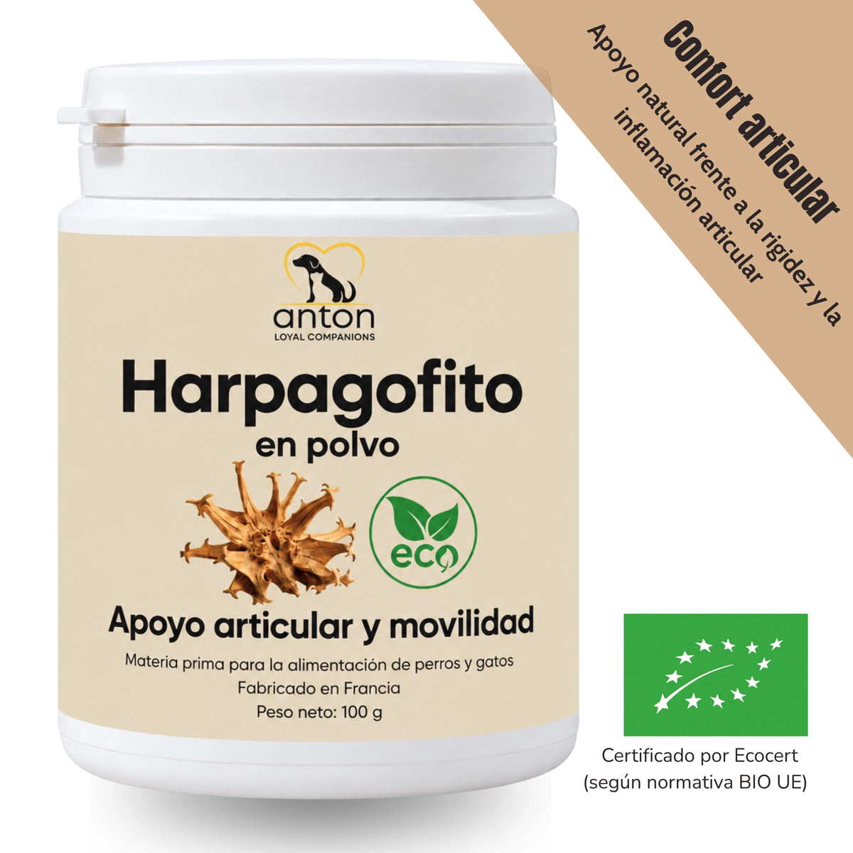 Harpagofito ECO en polvo ANTON de 100 g para perros y gatos, con mensaje «Confort articular», apoyo natural frente a la rigidez articular y sello de certificación ecológica europea.