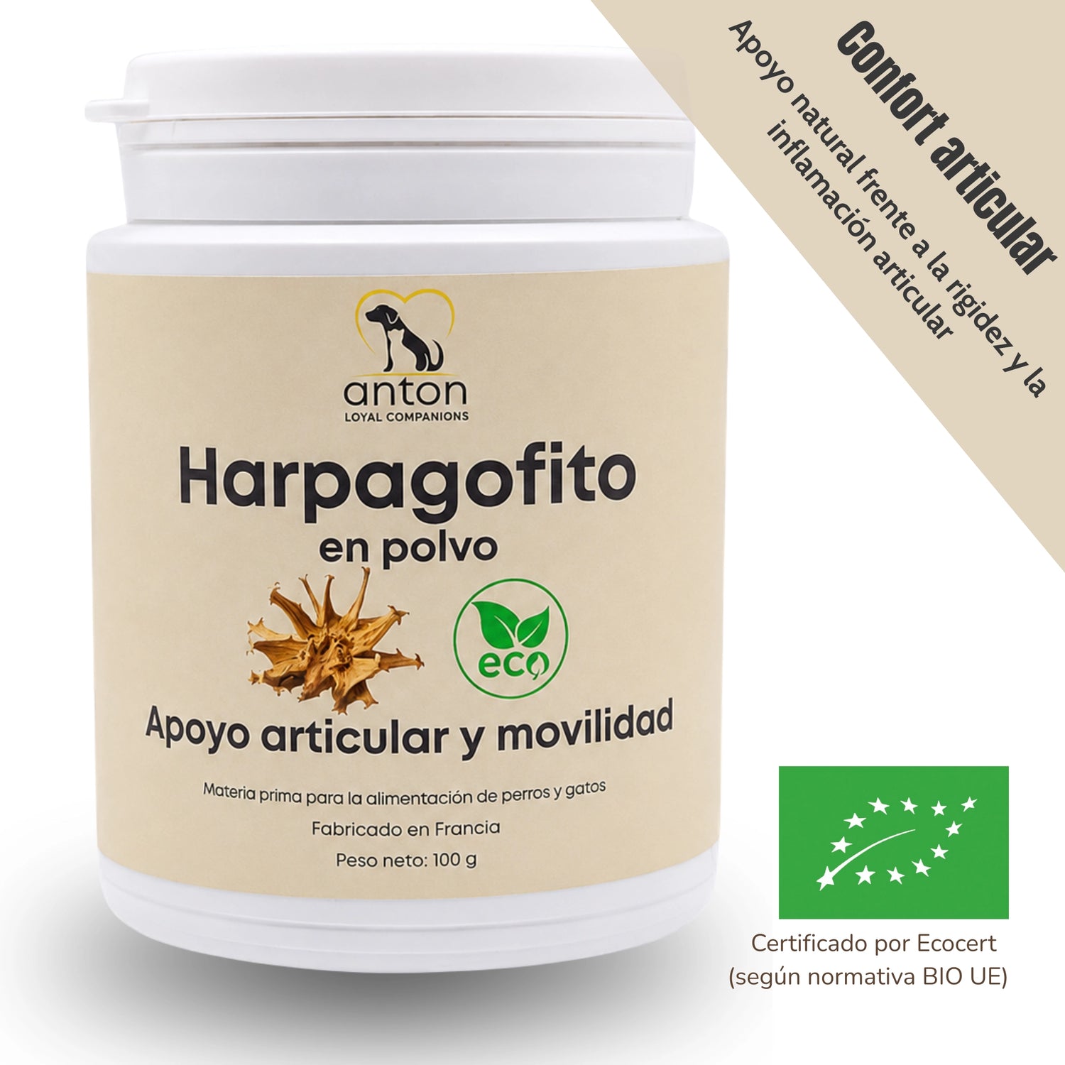 Suplemento natural Harpagofito ECO para perros y gatos con apoyo al confort articular y movilidad – certificado Ecocert BIO UE ANTON LC