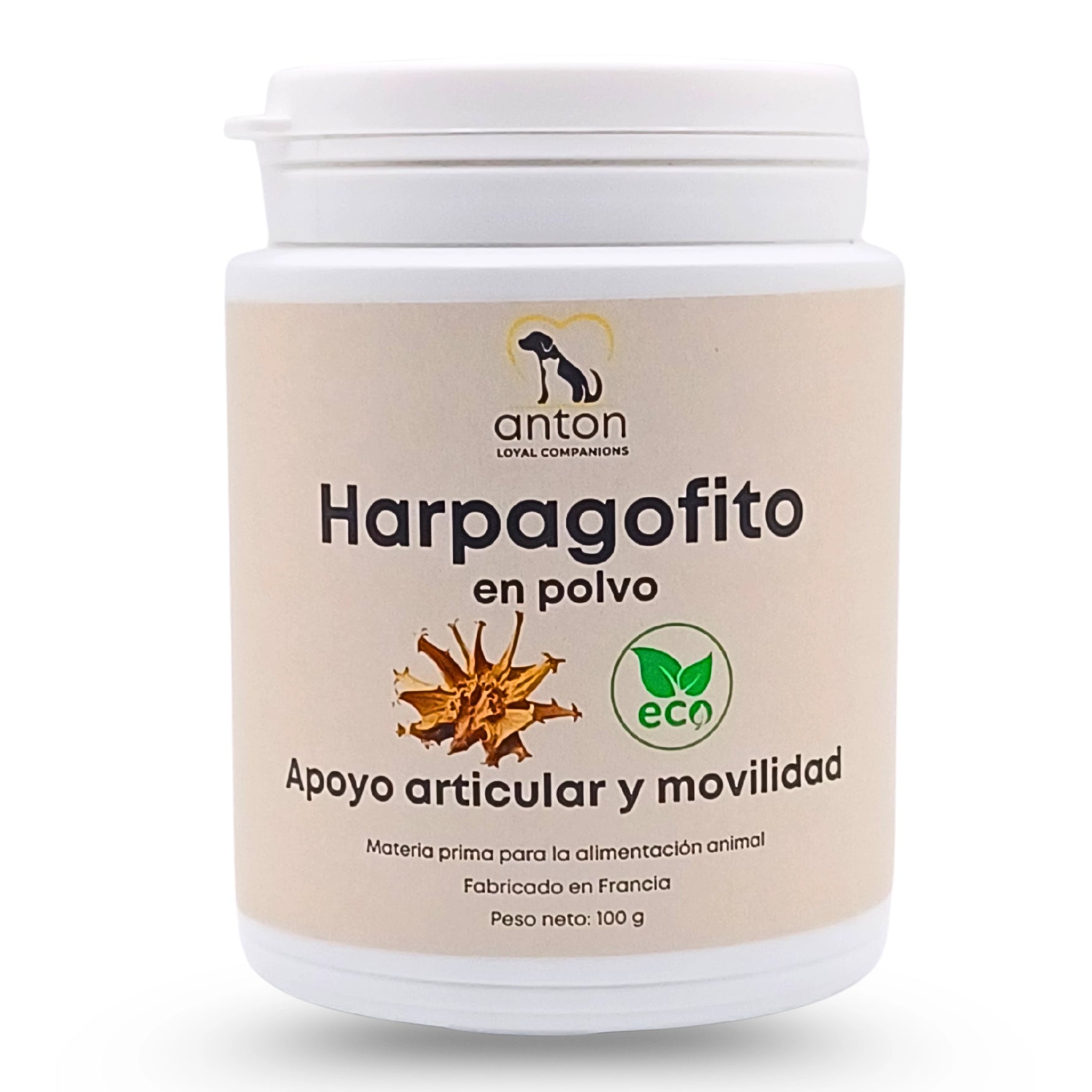 Bote de Harpagofito ECO para perros y gatos ANTON Loyal Companions. Suplemento natural para el confort articular, la movilidad y la rigidez articular con certificación ecológica.