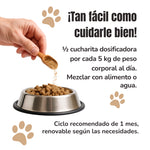 Infografía del modo de empleo del Harpagofito ECO ANTON para perros y gatos. Media cucharita dosificadora por cada 5 kg de peso al día, mezclada con alimento o agua, durante un mes renovable.