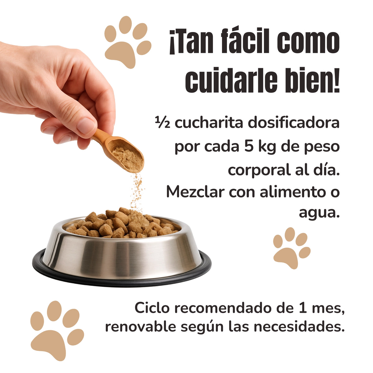 Infografía del modo de empleo del Harpagofito ECO ANTON para perros y gatos. Media cucharita dosificadora por cada 5 kg de peso al día, mezclada con alimento o agua, durante un mes renovable.