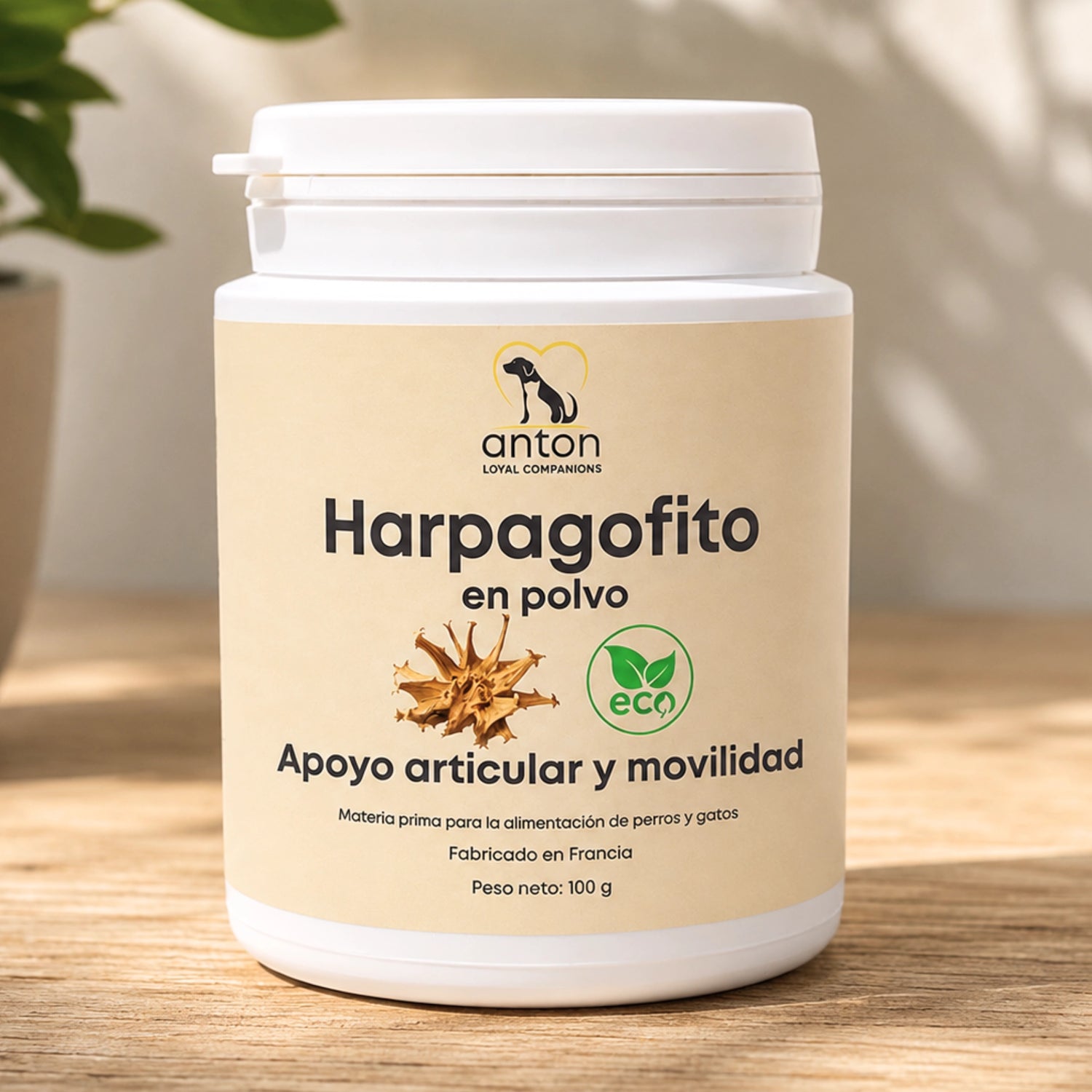 Suplemento natural Harpagofito en polvo ECO para perros y gatos sobre superficie de madera con luz natural – apoyo articular y movilidad ANTON LC