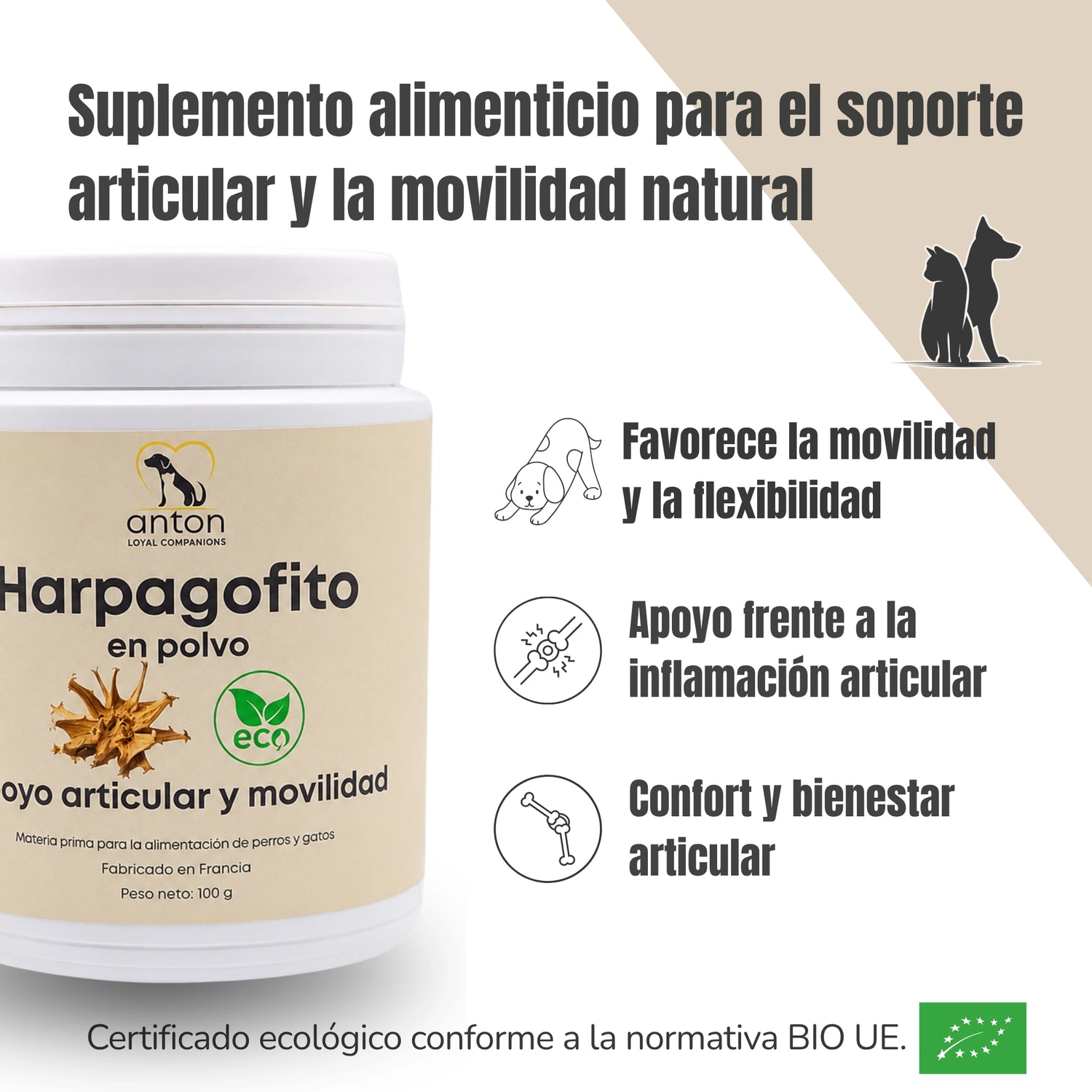 Suplemento natural Harpagofito ECO para perros y gatos con apoyo a la movilidad, flexibilidad y confort articular – certificado BIO UE ANTON LC
