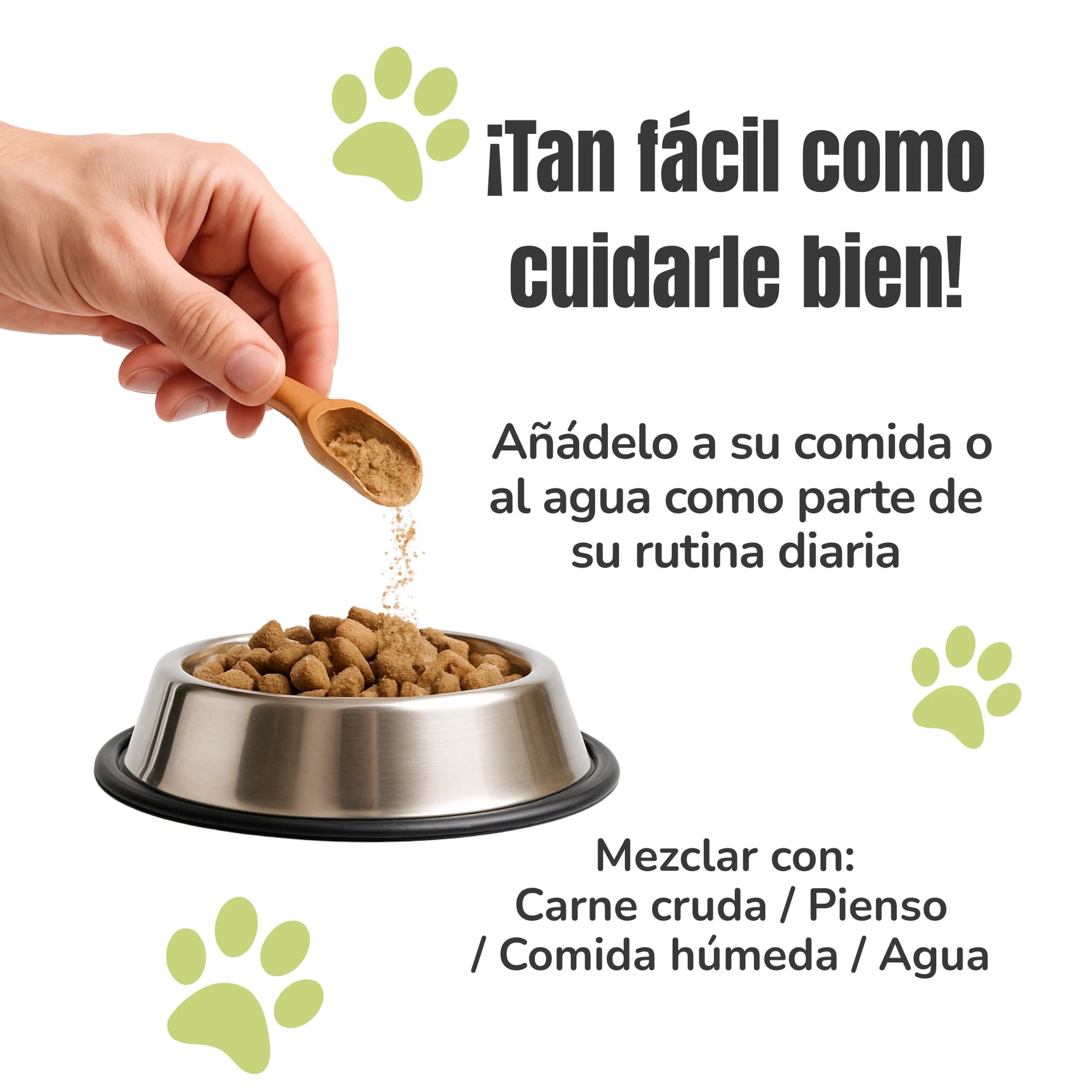 Modo de uso del harpagofito para perros y gatos, mezclado con la comida o el agua como suplemento natural diario