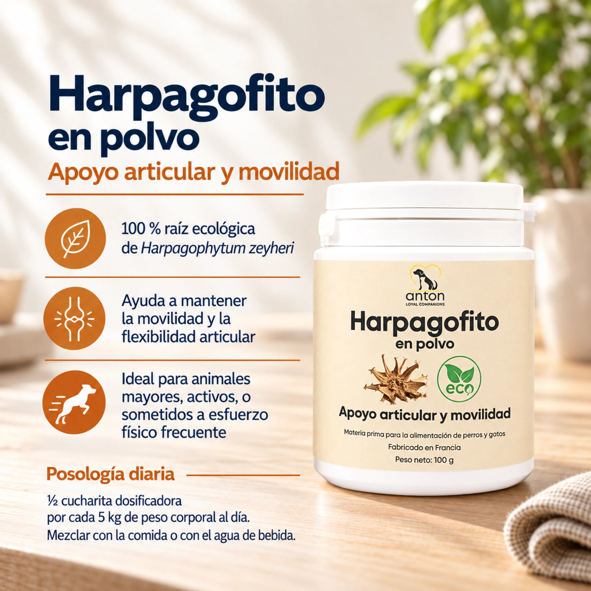 Harpagofito en polvo para perros y gatos Anton Loyal Companions, apoyo natural para la movilidad y la flexibilidad articular.