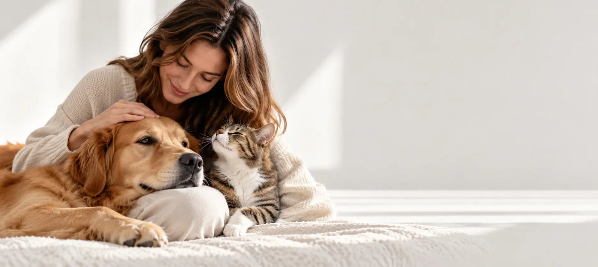 Mujer acariciando a un perro y un gato en un ambiente luminoso y tranquilo, imagen principal de ANTON Loyal Companions.