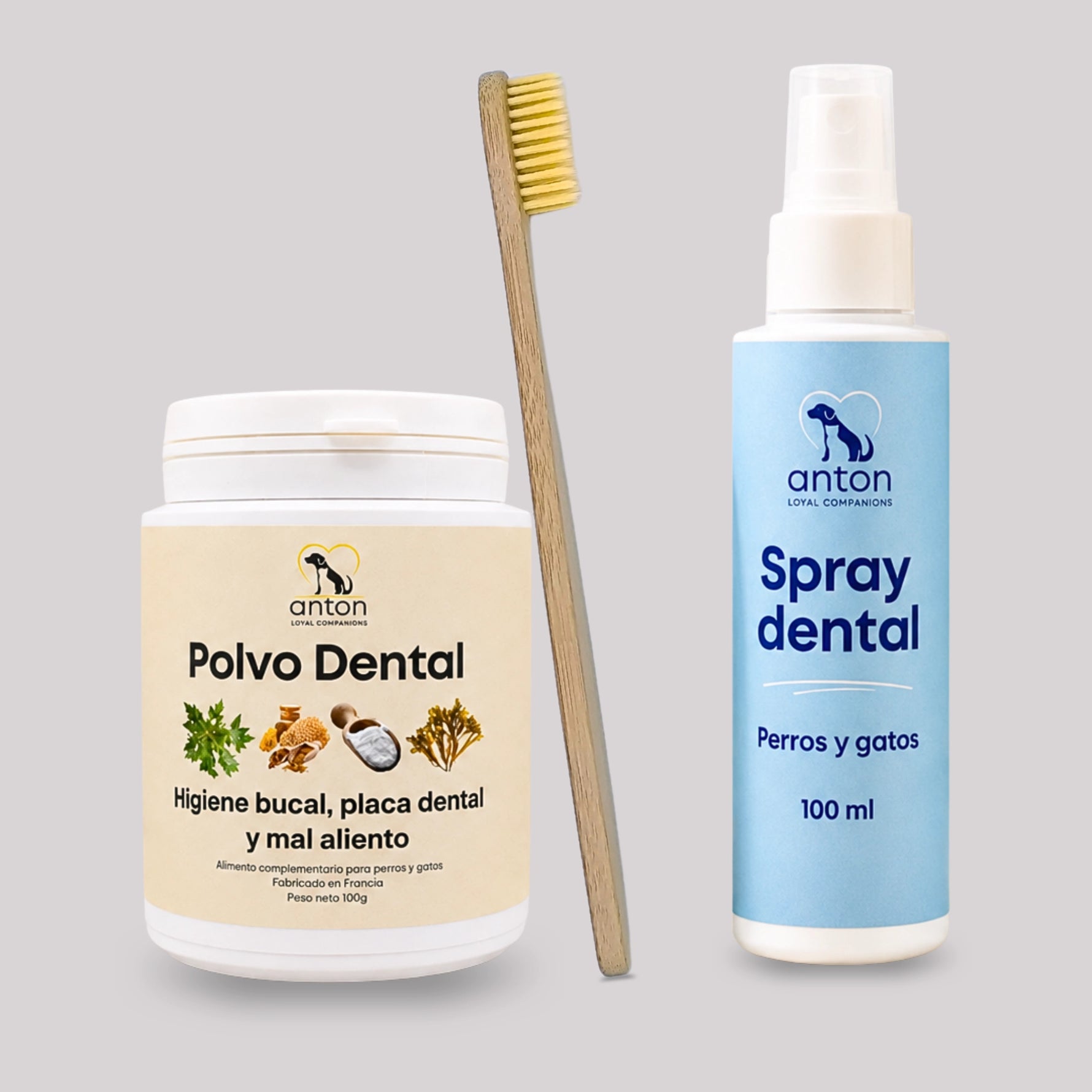 Kit de higiene dental natural para perros y gatos con polvo dental, spray dental y cepillo de bambú para ayudar a mantener una buena higiene bucal de forma natural.
