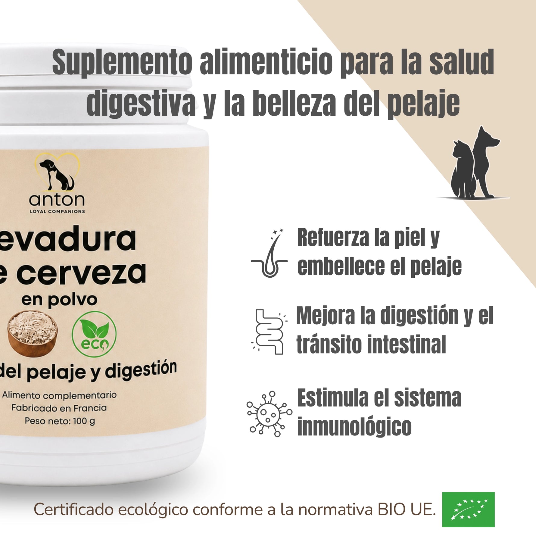 Levadura de cerveza BIO para perros y gatos, complemento alimentario para apoyar la piel, el pelaje, la digestión y las defensas naturales.