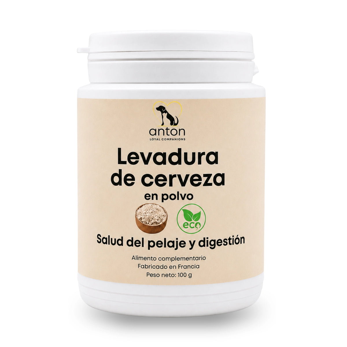 Bote de levadura de cerveza BIO en polvo para perros y gatos, complemento alimentario para apoyar la salud del pelaje y la digestión.