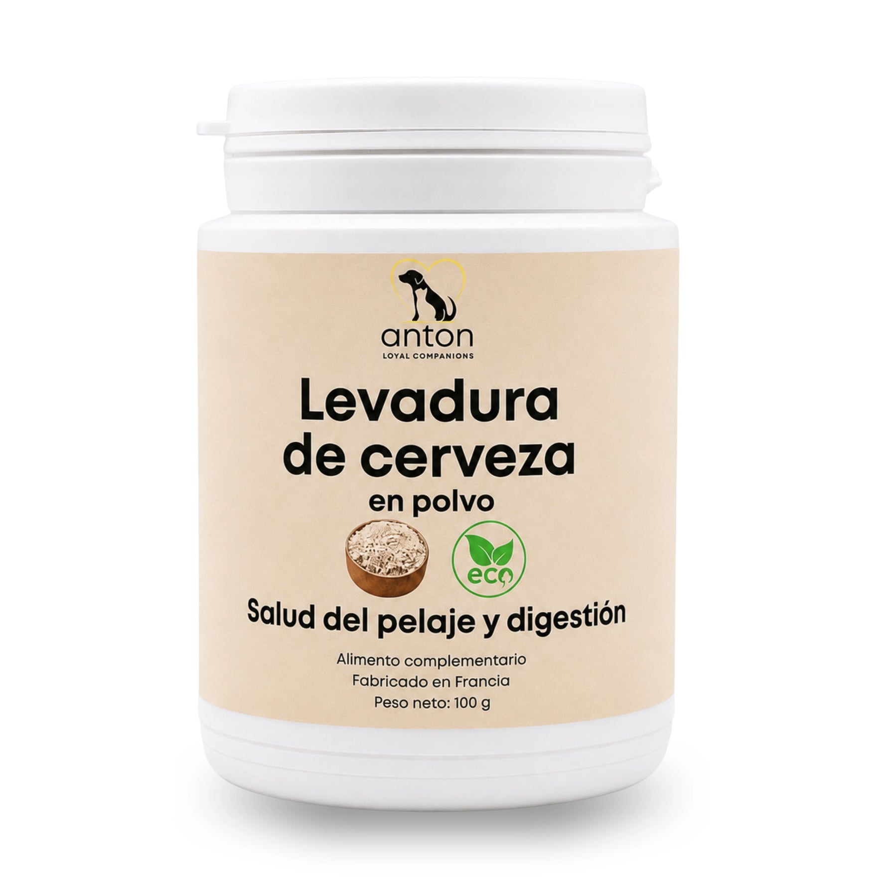 Bote de levadura de cerveza BIO en polvo para perros y gatos, complemento alimentario para apoyar la salud del pelaje y la digestión.