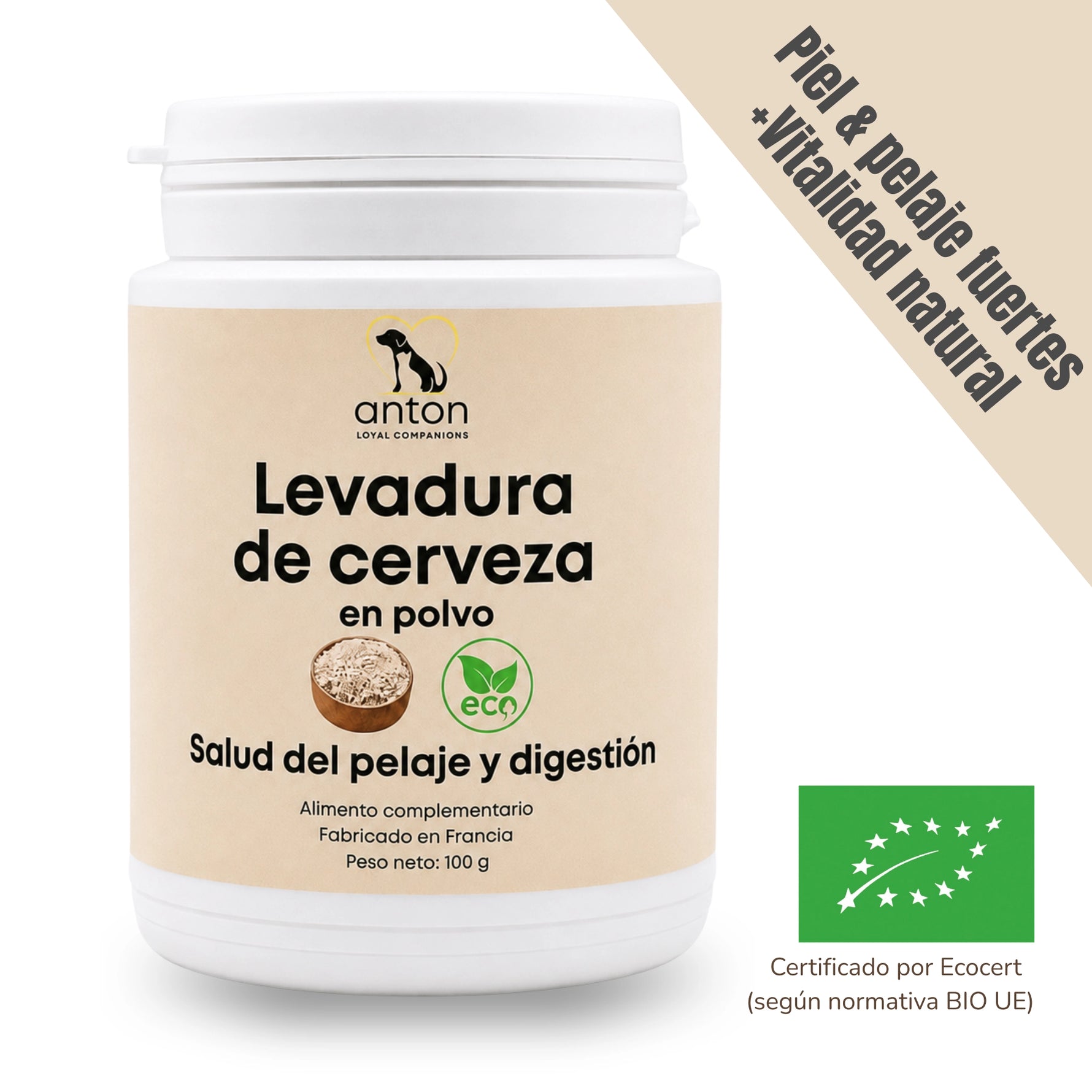 Levadura de cerveza BIO para perros y gatos, complemento alimentario para apoyar la salud de la piel, el pelaje y la digestión, certificado por Ecocert.