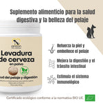 Infografía de la Levadura de Cerveza ECO ANTON para perros y gatos, con certificación ecológica europea. Presenta sus beneficios para la piel, el pelaje, la digestión, el tránsito intestinal y el sistema inmunitario.