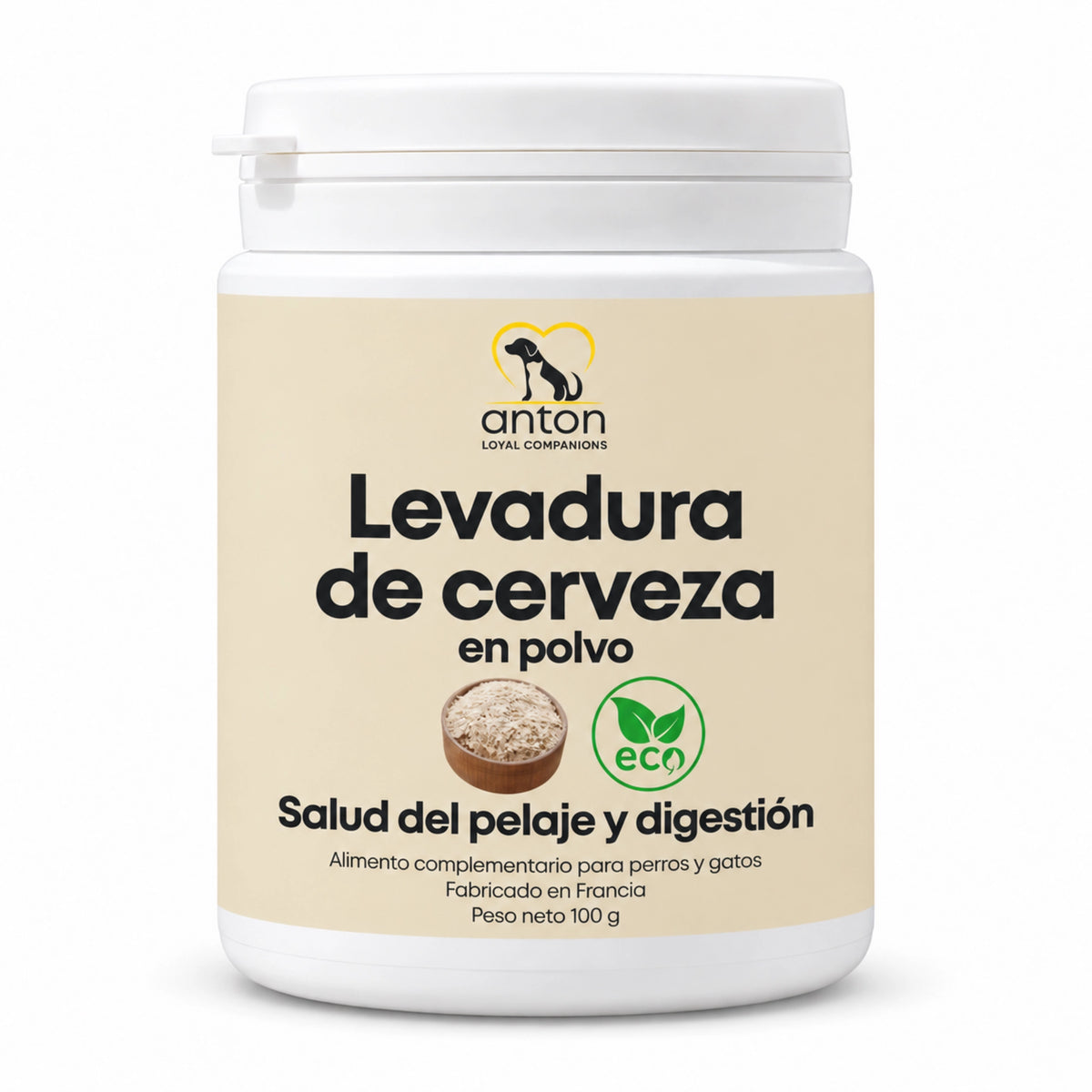 Envase de Levadura de Cerveza ECO en polvo ANTON de 100 g para perros y gatos, complemento alimentario elaborado en Francia para apoyar la salud del pelaje y la digestión.