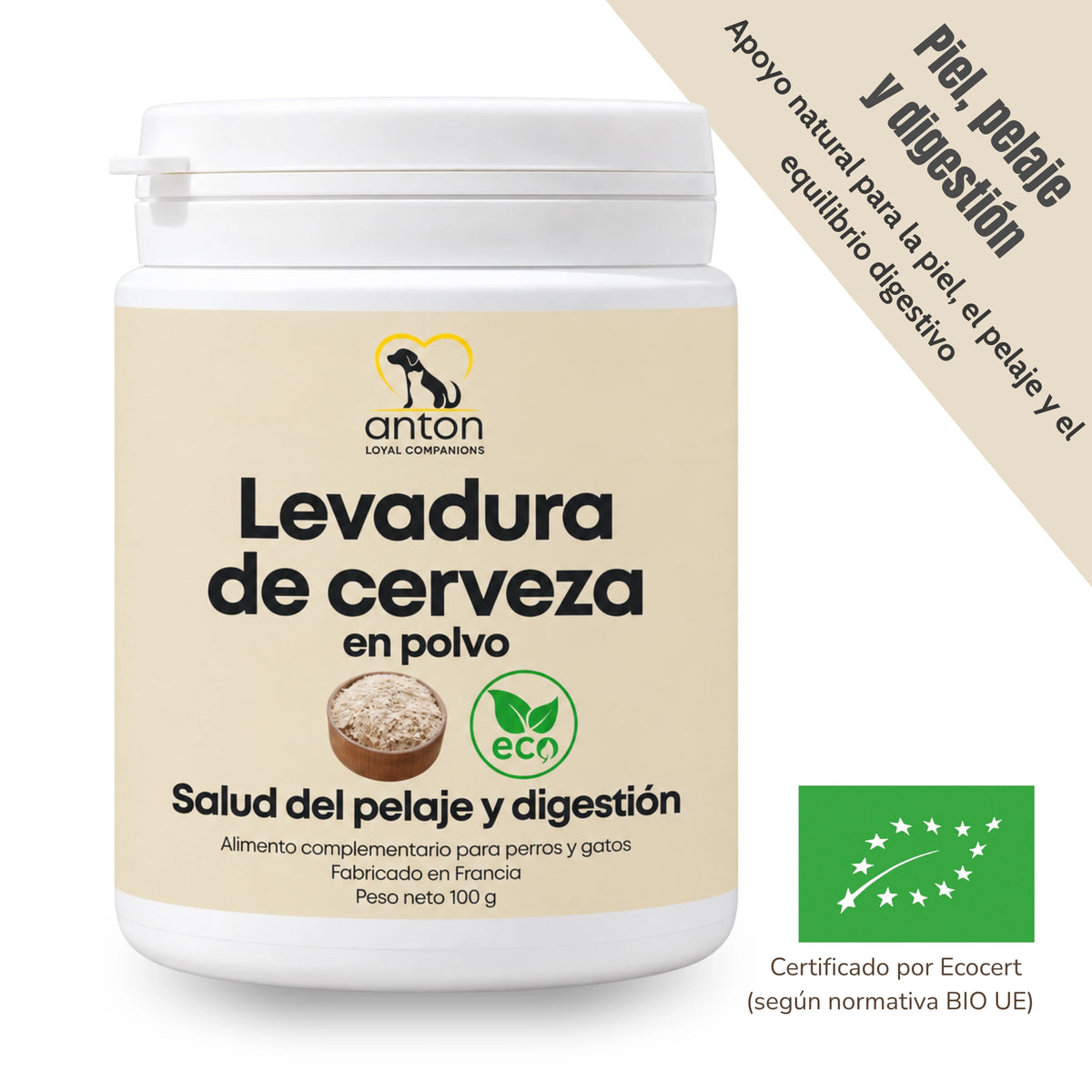 Levadura de Cerveza ECO en polvo ANTON de 100 g para perros y gatos, con mensaje «Piel, pelaje y digestión» y sello de certificación ecológica europea.