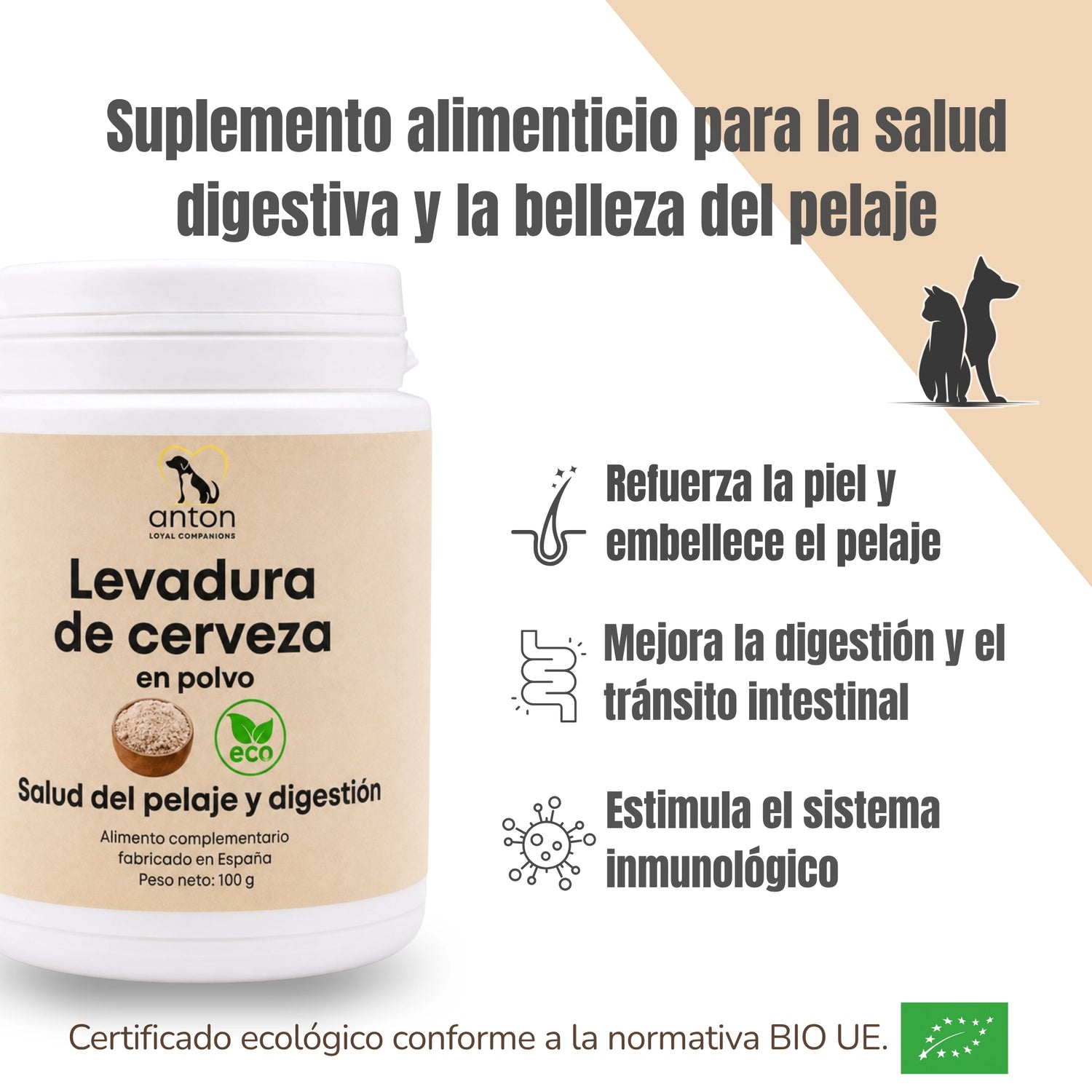 Levadura de cerveza BIO ANTON para perros y gatos, formulada para favorecer la piel y el pelaje, la digestión, el tránsito intestinal y las defensas naturales.