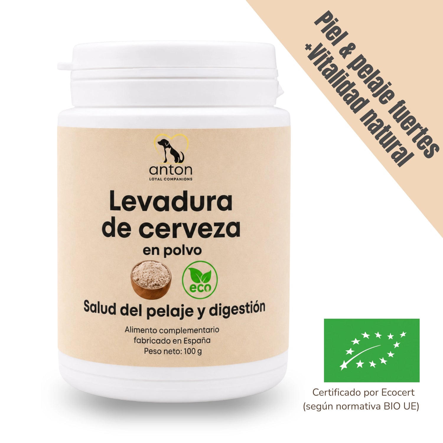 Levadura de cerveza BIO en polvo ANTON para perros y gatos, rica en proteínas y vitaminas, certificada por Ecocert.