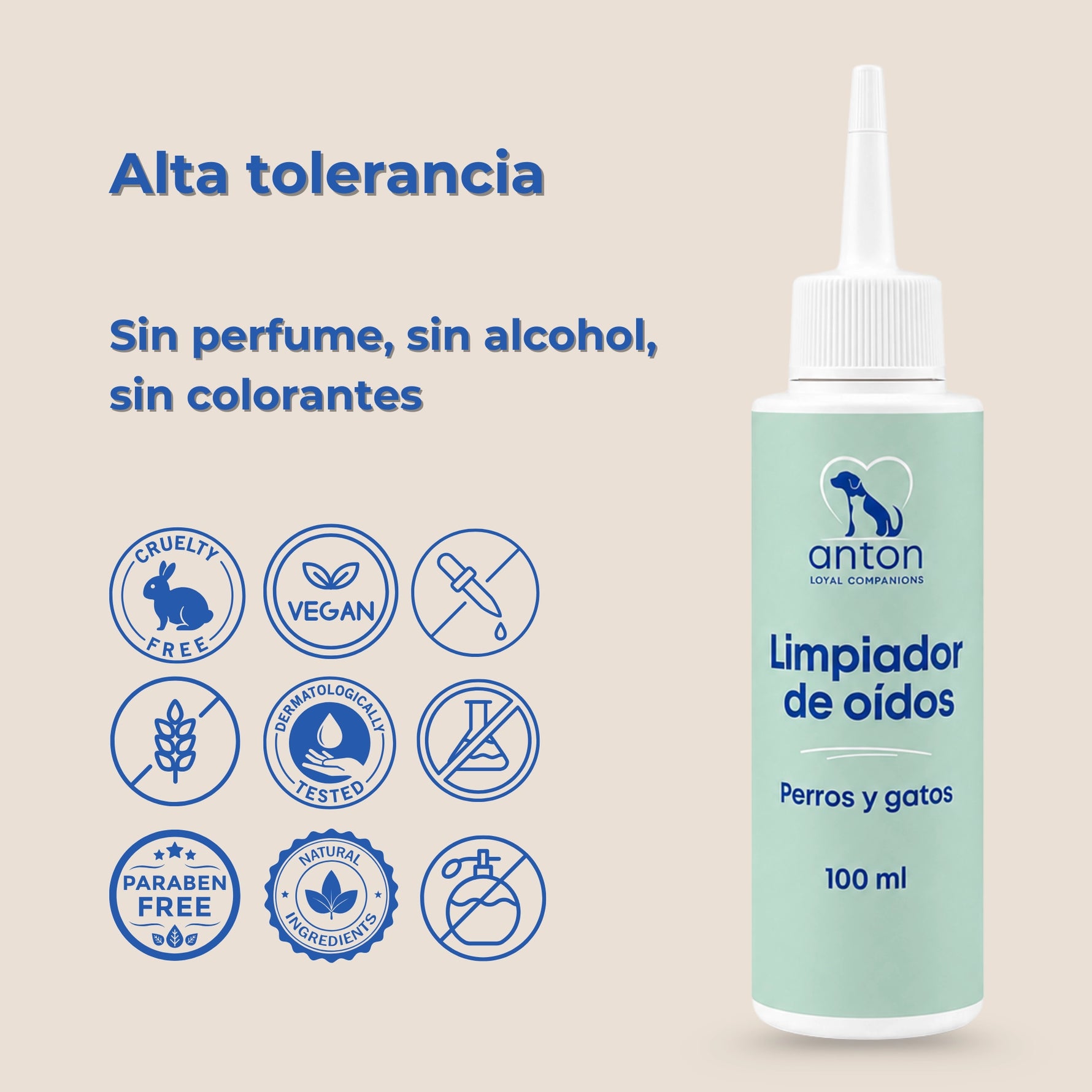 Limpiador de oídos para perros y gatos ANTON Loyal Companions de alta tolerancia, sin perfume, sin alcohol y sin colorantes
