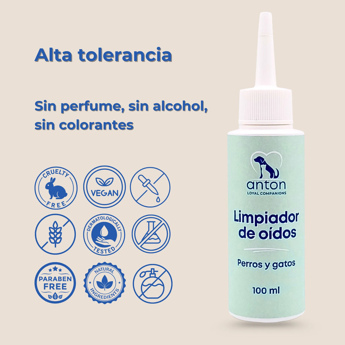 Limpiador de oídos ANTON junto a iconos y texto sobre alta tolerancia y fórmula sin perfume, sin alcohol y sin colorantes.