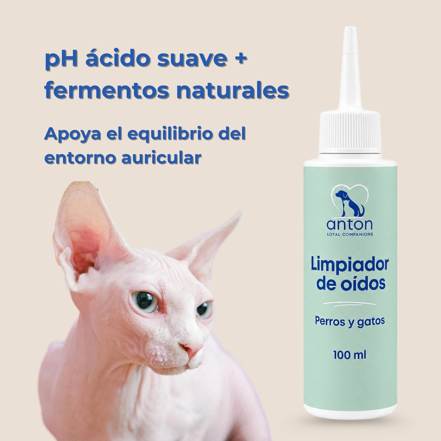 Limpiador de oídos ANTON Loyal Companions para perros y gatos con pH ácido suave y fermentos naturales que ayuda a mantener el equilibrio del entorno auricular