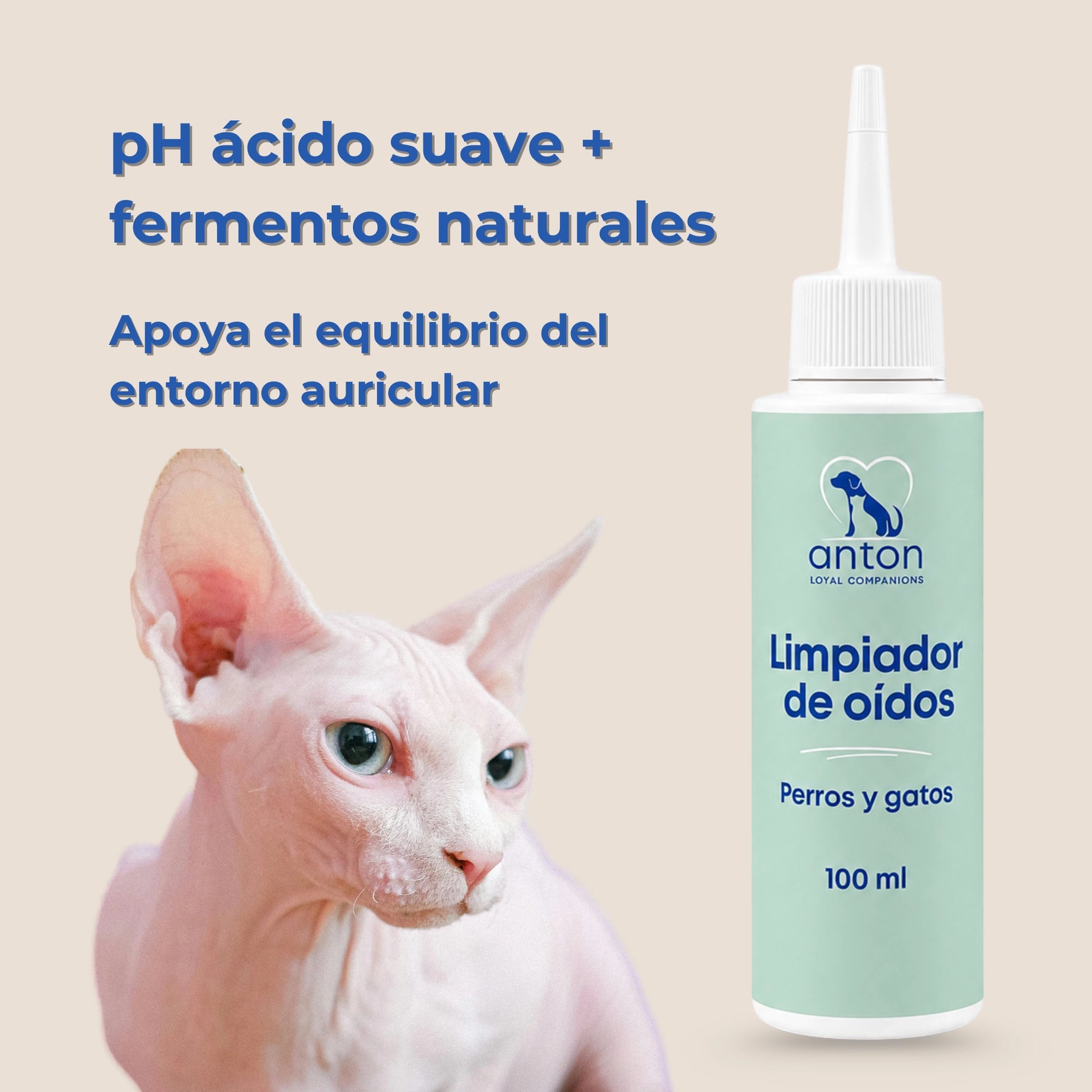 Limpiador de oídos ANTON Loyal Companions para perros y gatos con pH ácido suave y fermentos naturales que ayuda a mantener el equilibrio del entorno auricular