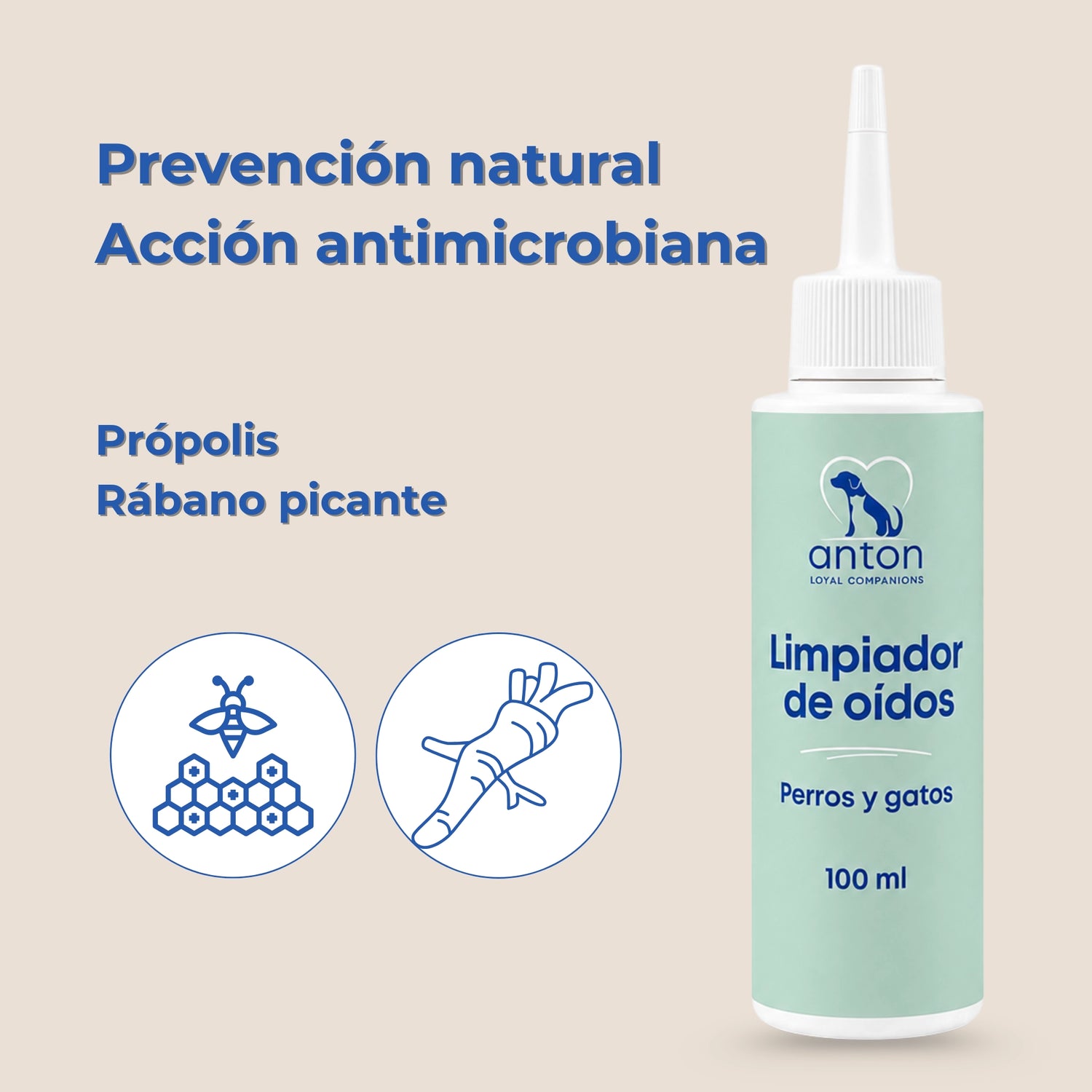 Limpiador de oídos para perros y gatos ANTON Loyal Companions con própolis y rábano picante para ayudar a mantener la higiene y el equilibrio natural del oído
