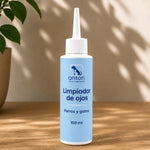 Limpiador de ojos natural para perros y gatos ANTON Loyal Companions, frasco de 100 ml sobre mesa de madera en un ambiente luminoso.