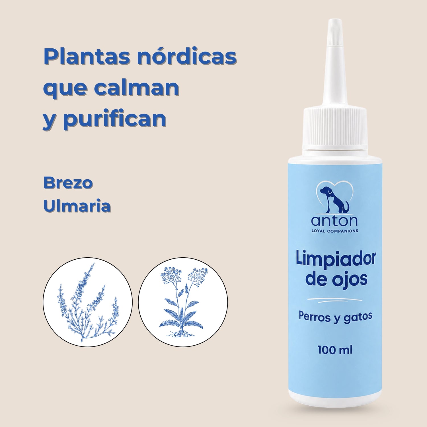 Limpiador de ojos ANTON Loyal Companions para perros y gatos con brezo y ulmaria. Limpieza ocular suave con ingredientes de origen vegetal.