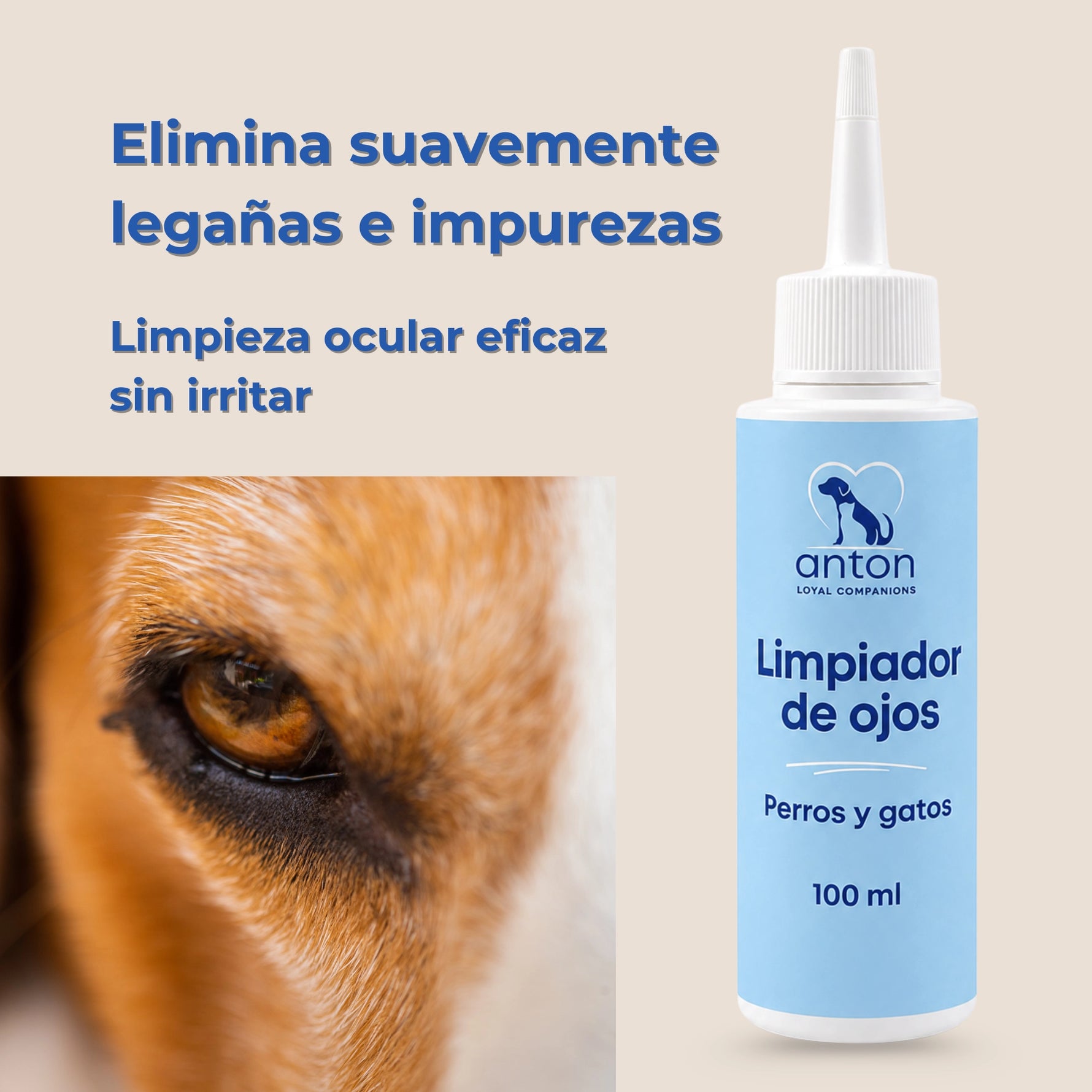 Limpiador de ojos ANTON Loyal Companions para perros y gatos. Elimina suavemente legañas e impurezas y ayuda a mantener una limpieza ocular eficaz sin irritar.