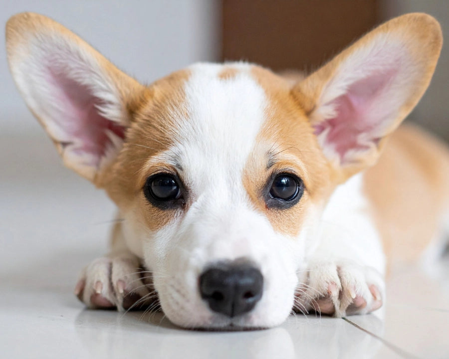 Cachorro con ojos limpios y expresión tranquila, ilustrando el cuidado natural de ojos y oídos en perros y gatos