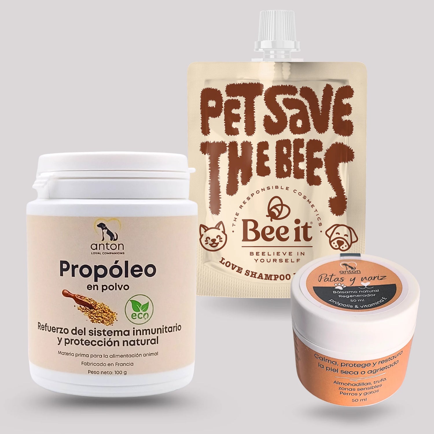 Lote Colmena Saludable ANTON Loyal Companions con Propóleo ECO, Bálsamo Patas y Nariz y champú Bee It Pet Save the Bees, refuerza defensas y cuida la piel de perros y gatos de forma natural.