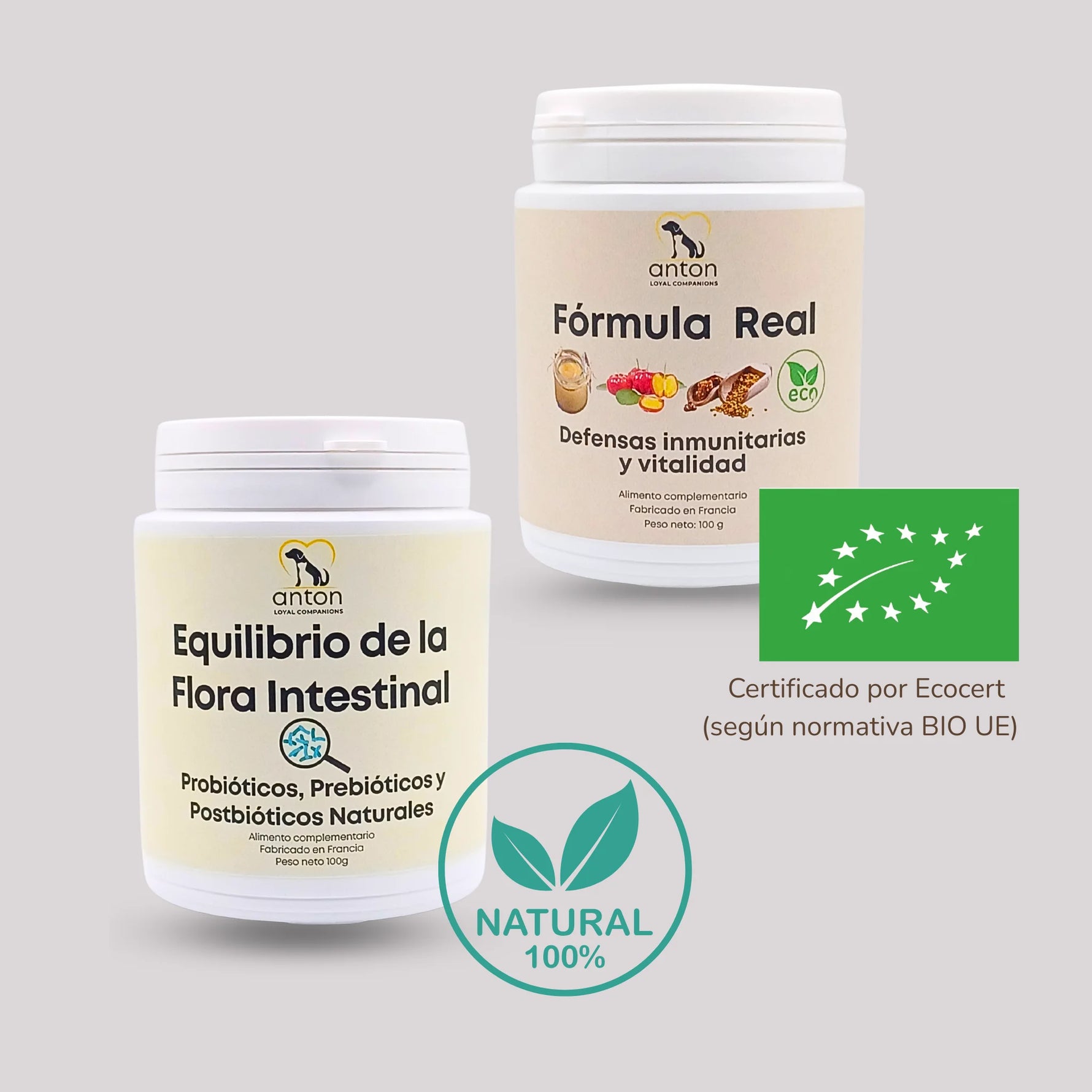 Lote natural ANTON Loyal Companions para perros y gatos con Fórmula Real y Equilibrio de la Flora Intestinal ECO, refuerza defensas e intestino, con probióticos y ingredientes ecológicos certificados.