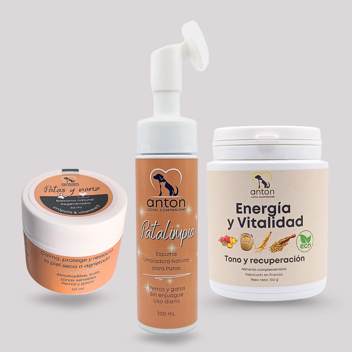 Lote natural ANTON Loyal Companions para perros – Ritual Vitalidad y Cuidado Diario ECO con espuma limpiadora Patalimpi, bálsamo Patas y Nariz y suplemento Energía y Vitalidad, tono, protección y recuperación natural.
