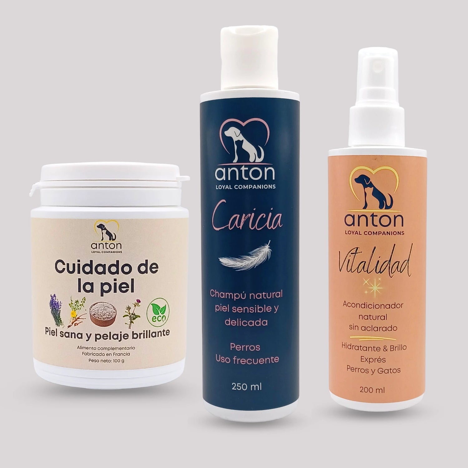 Lote natural Ritual Dermoprotección y Piel Sensible ECO ANTON Loyal Companions para perros y gatos, con suplemento Cuidado de la Piel, champú Caricia y acondicionador Vitalidad, cuida e hidrata naturalmente.