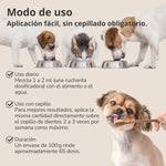 Instrucciones de uso del polvo dental natural ANTON Loyal Companions para perros y gatos, con o sin cepillo