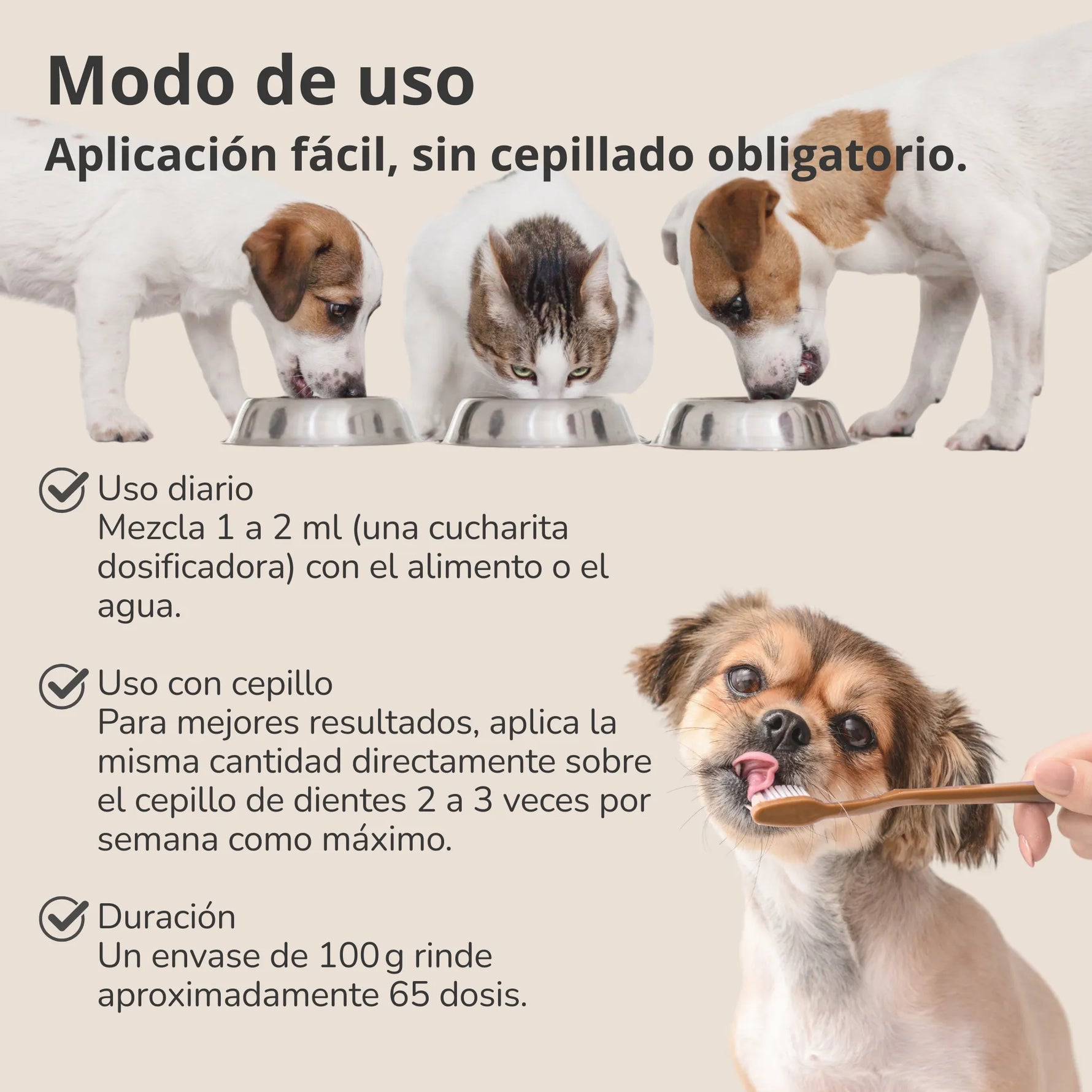 Instrucciones de uso del polvo dental natural ANTON Loyal Companions para perros y gatos, con o sin cepillo