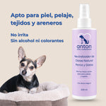 Neutralizador de olores natural ANTON para perros y gatos, apto para piel, pelaje, tejidos y areneros, sin alcohol ni colorantes.