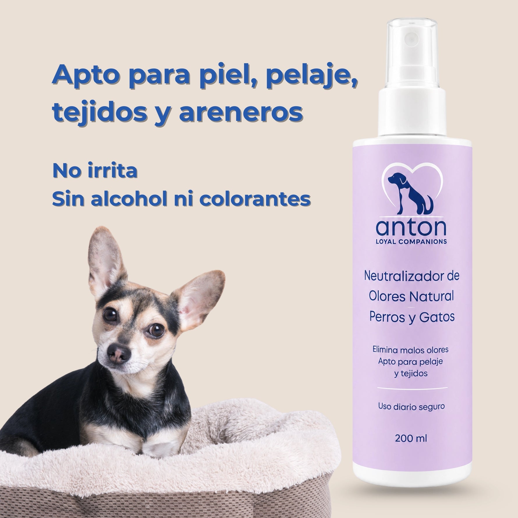 Neutralizador de olores natural ANTON para perros y gatos, apto para piel, pelaje, tejidos y areneros, sin alcohol ni colorantes.