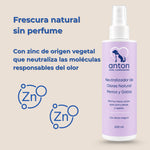 Neutralizador de olores natural ANTON para perros y gatos con zinc de origen vegetal que neutraliza las moléculas responsables del mal olor, sin perfume.