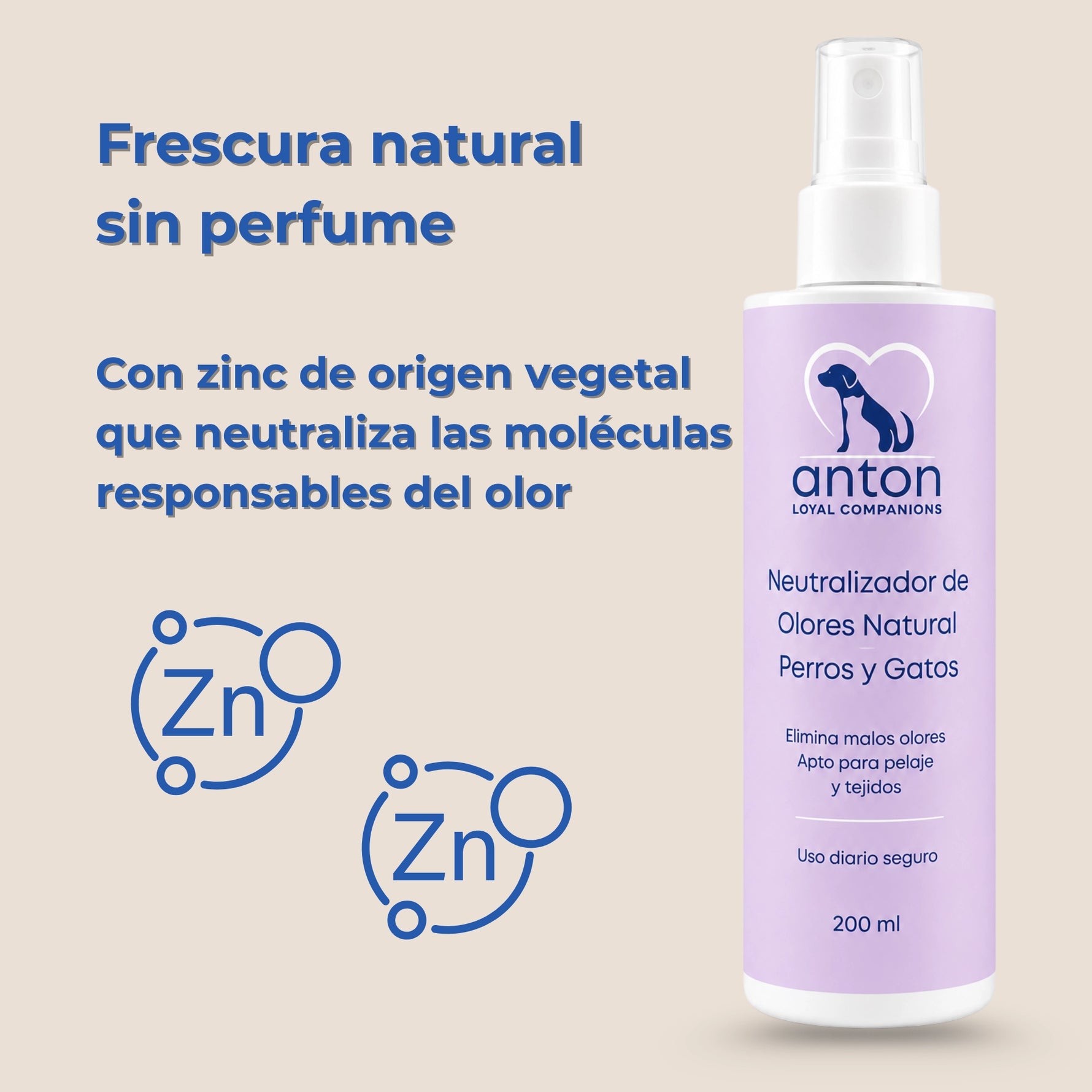 Neutralizador de olores natural ANTON para perros y gatos con zinc de origen vegetal que neutraliza las moléculas responsables del mal olor, sin perfume.