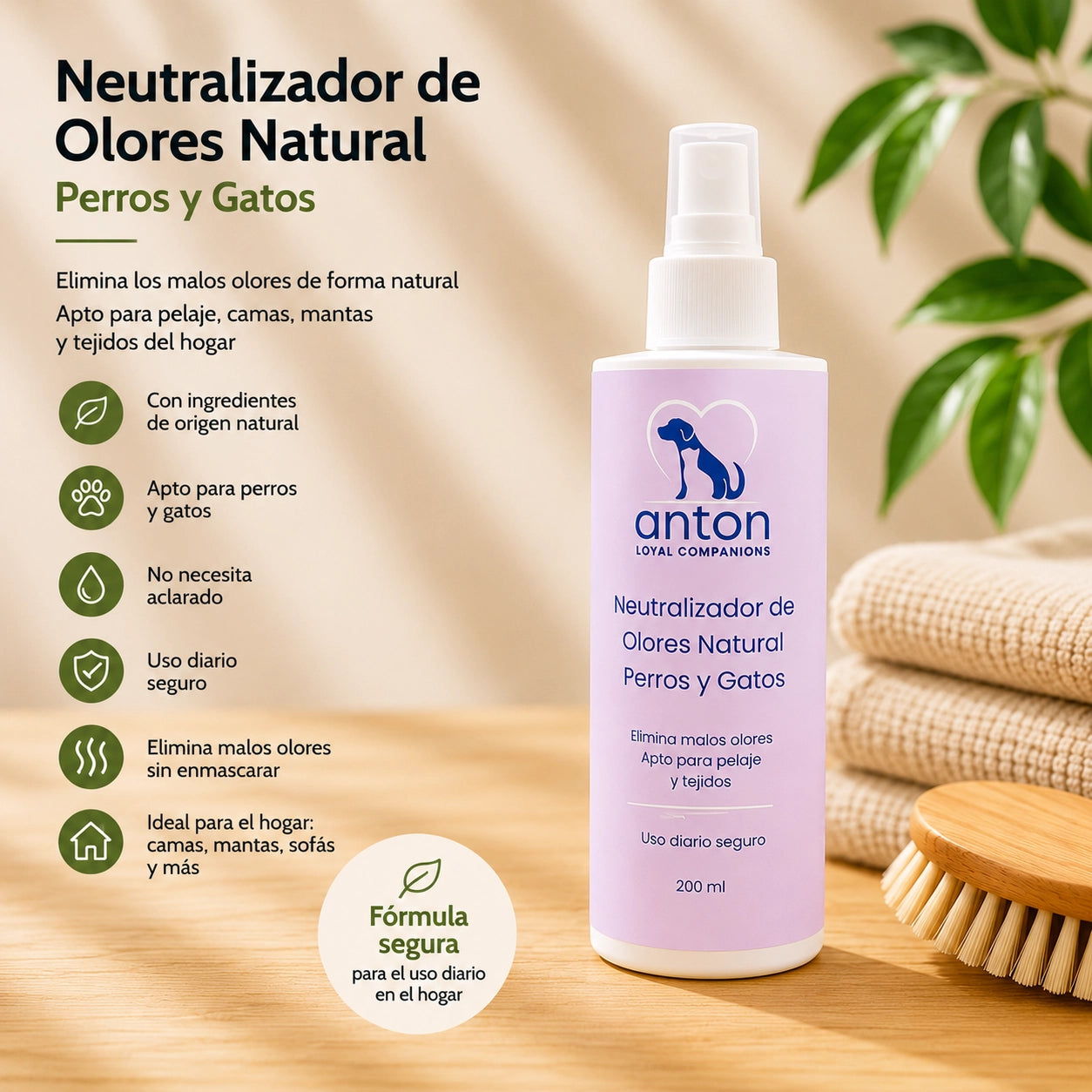 Spray neutralizador de olores natural Anton Loyal Companions para perros y gatos sobre fondo natural con luz suave y cepillo de madera