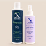 Champú natural Frescura y spray neutralizador de olores Anton Loyal Companions para perros sobre fondo beige claro minimalista