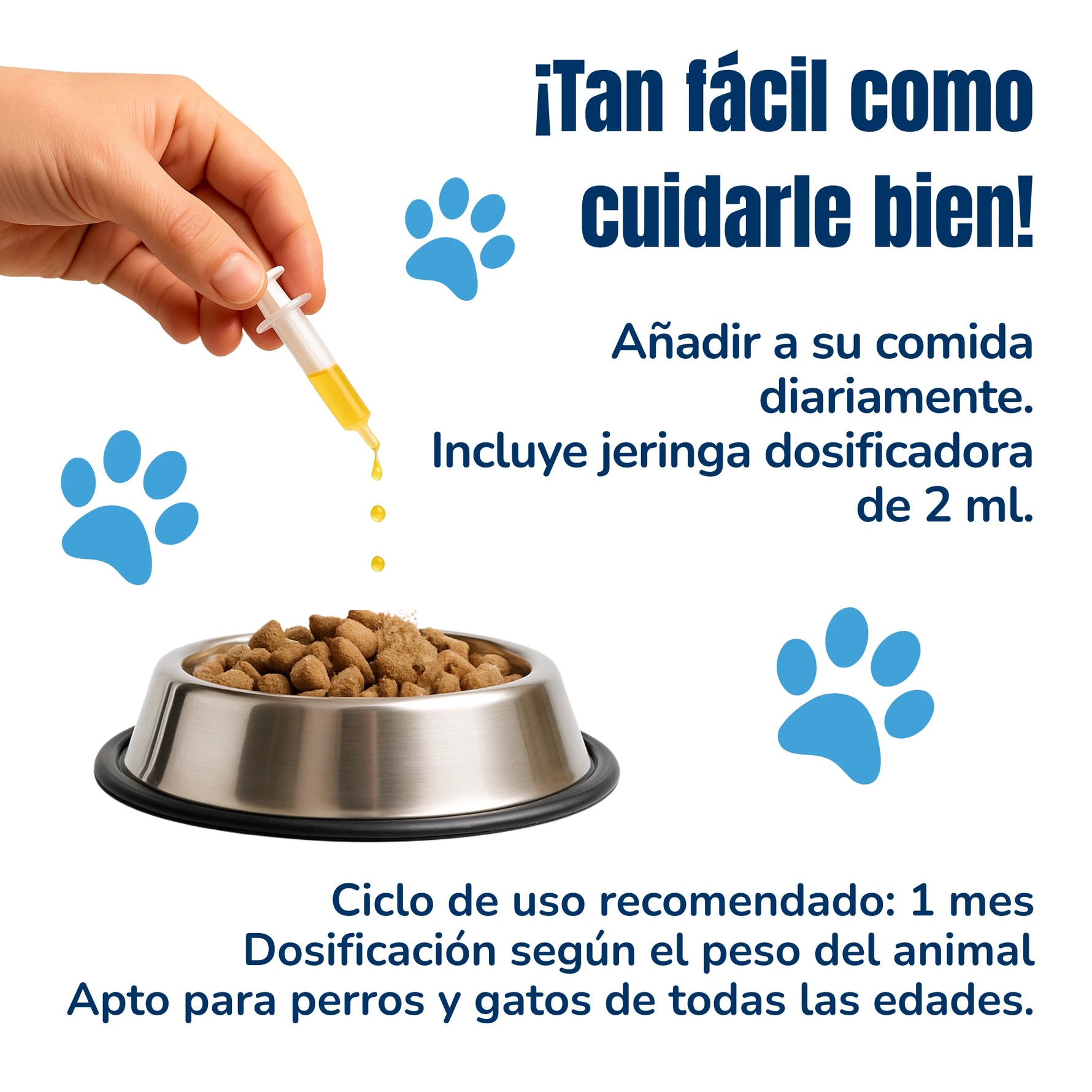 Aplicación de aceite omega 3 con jeringa sobre comida para perros y gatos con indicaciones de uso diario, dosificación y duración recomendada