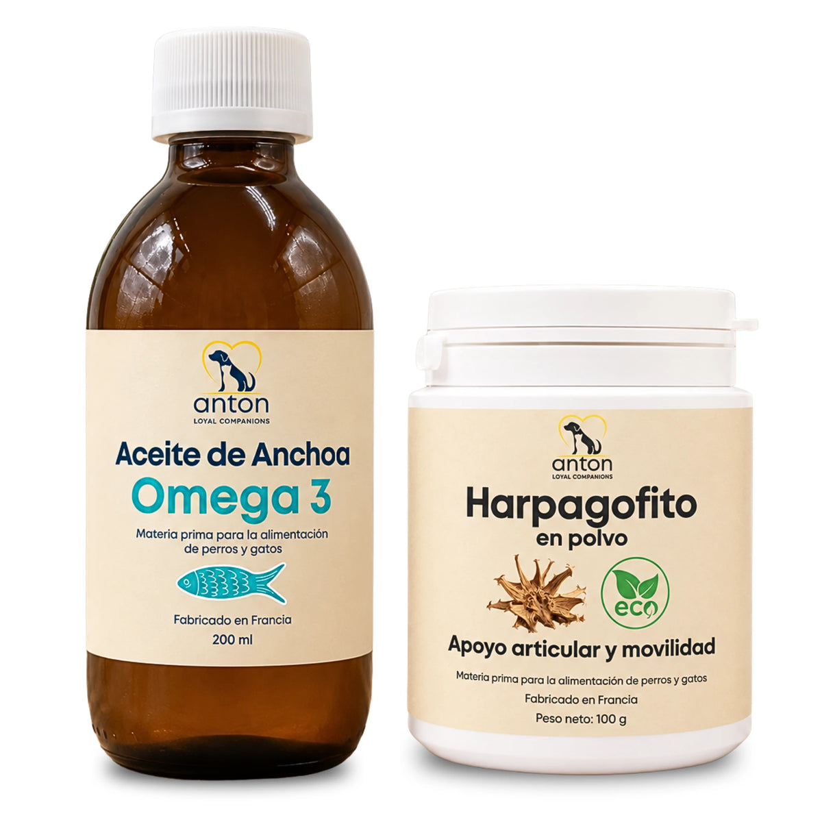 Aceite de anchoa Omega 3 y harpagofito en polvo para perros y gatos Anton Loyal Companions, combinación para la movilidad y la flexibilidad articular