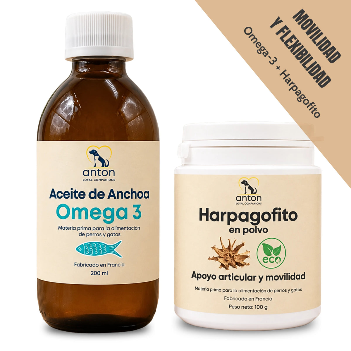 Aceite de anchoa Omega 3 y harpagofito en polvo para perros y gatos Anton Loyal Companions, combinación para la movilidad y la flexibilidad articular.